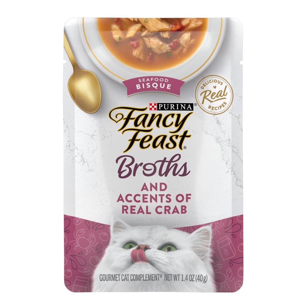 Fancy Feast sachets bouillon bisque-crabe, prêt à hydrater les repas.