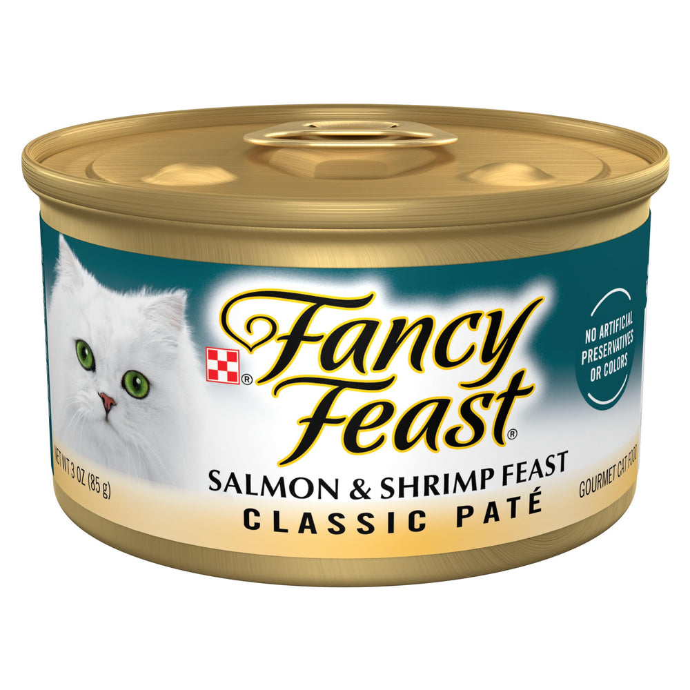 Fancy Feast Saumon et Crevettes Pâté, boîte 24 x 3 oz, repas pratique pour chats.