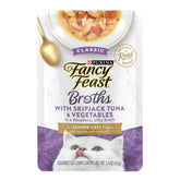 Fancy Feast Senior Broths: poche thon et legumes dans bouillon satiné, pour hydrater les repas.
