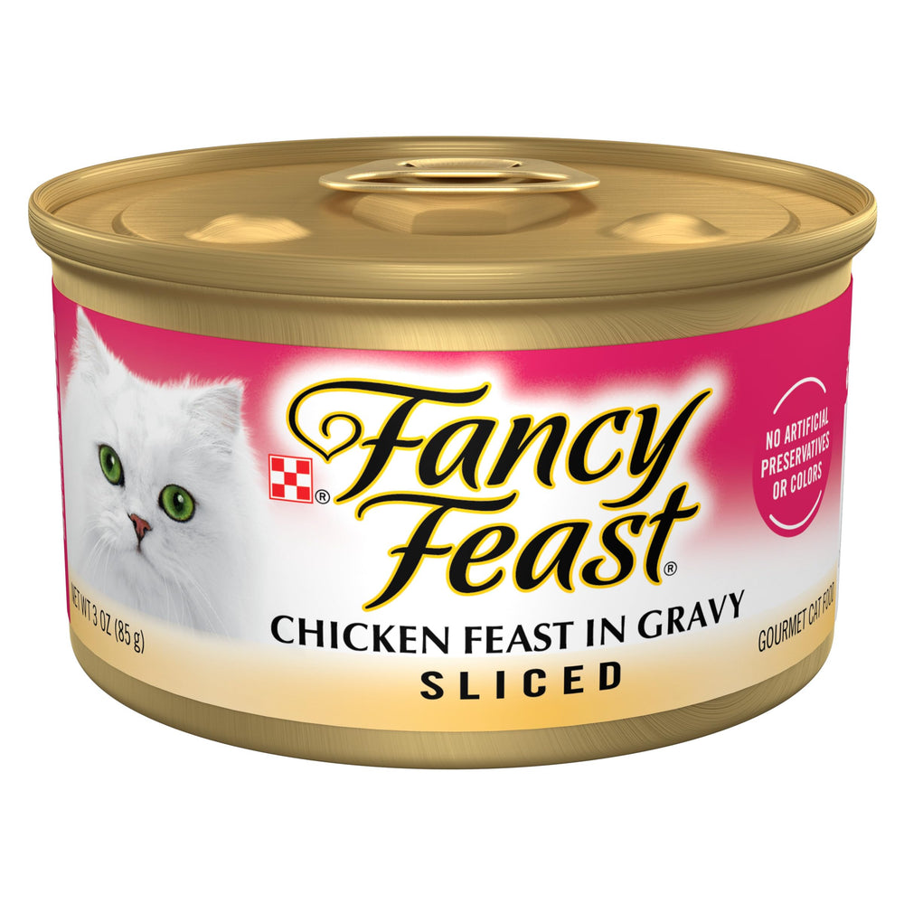 Fancy Feast tranches-poulet-dans-sauce-onctueuse, boîtes 85 g, texture tendre idéale pour le repas quotidien.