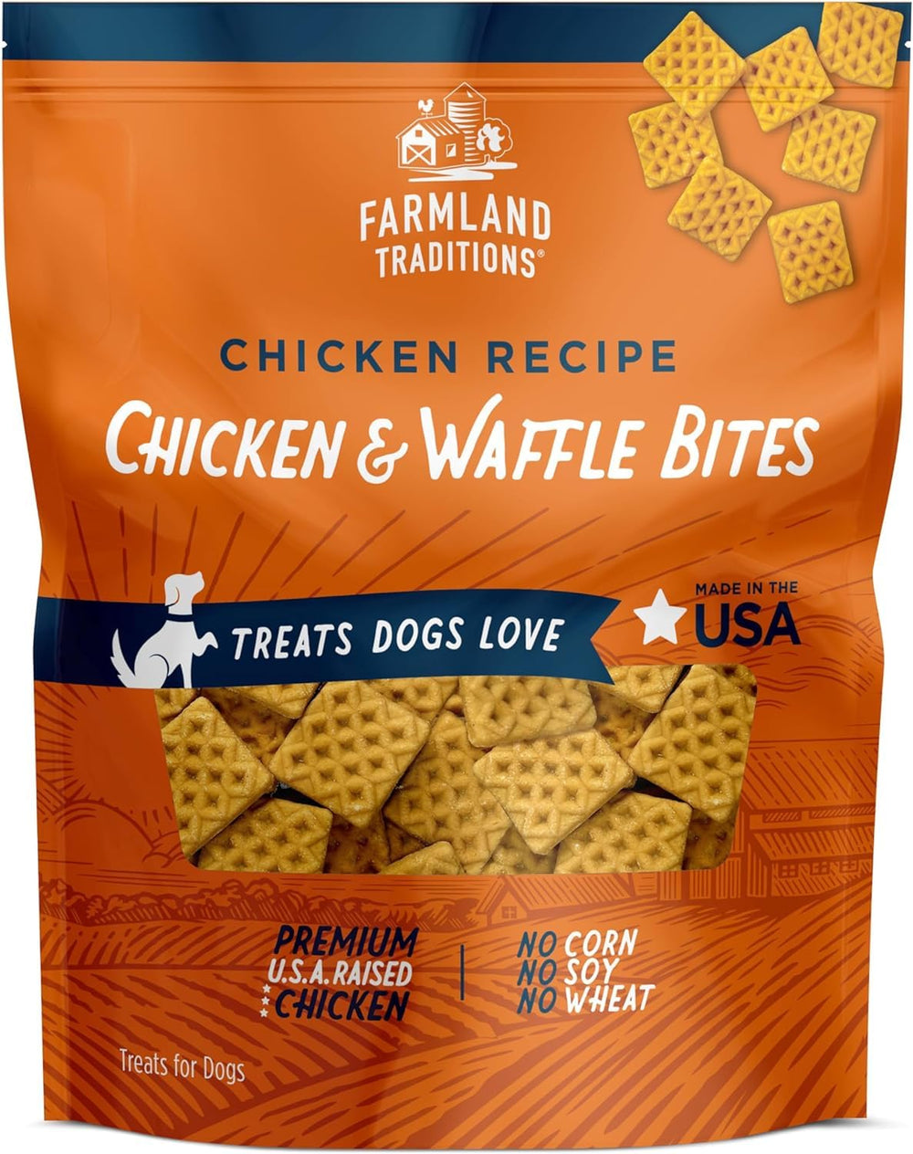 Farmland Traditions – emballage bouchées poulet et gaufres, récompense pratique pour l'entraînement.