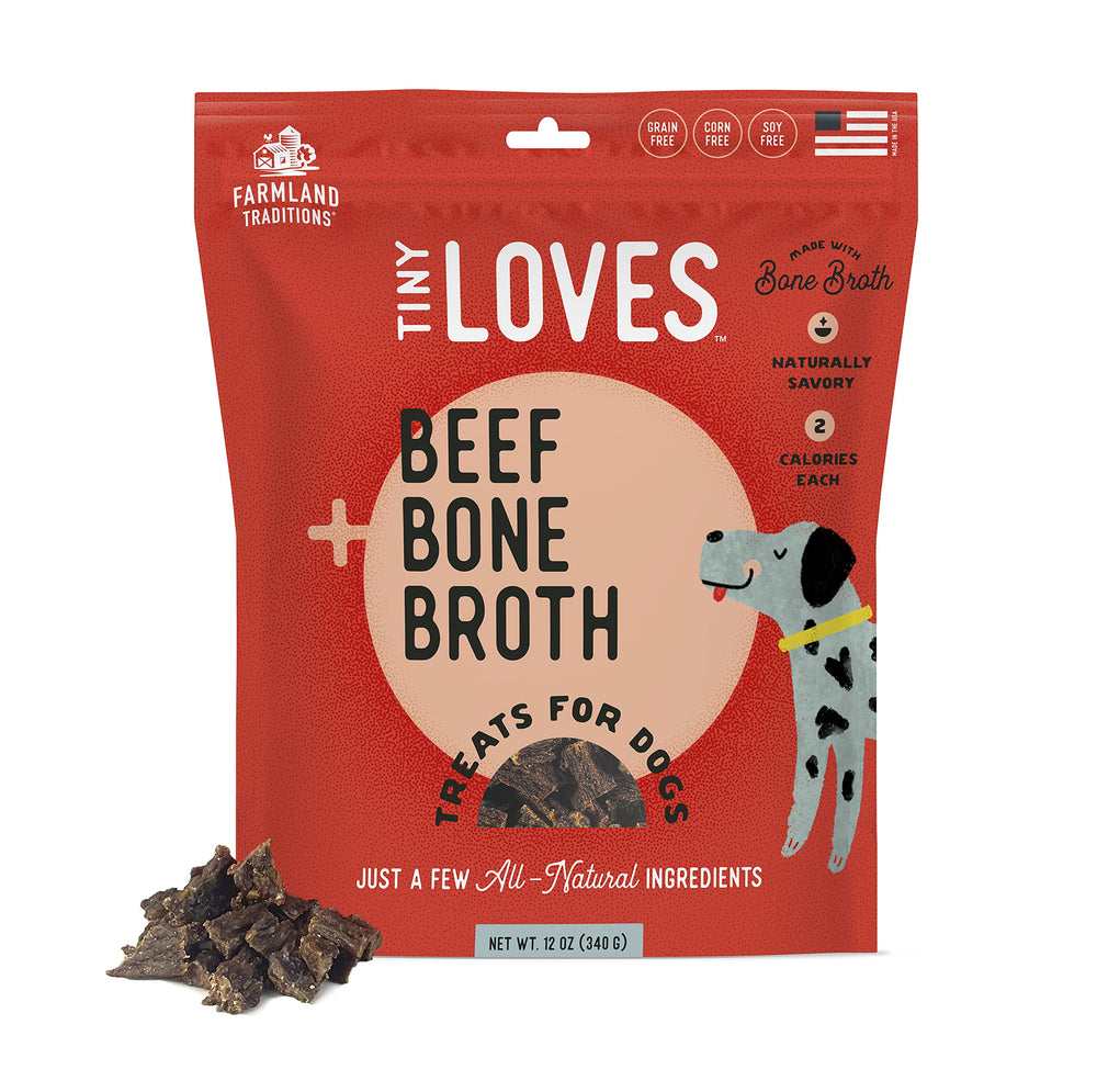 Farmland Traditions Tiny Loves Jerky, entraînement canin avec bouillon d'os et boeuf.
