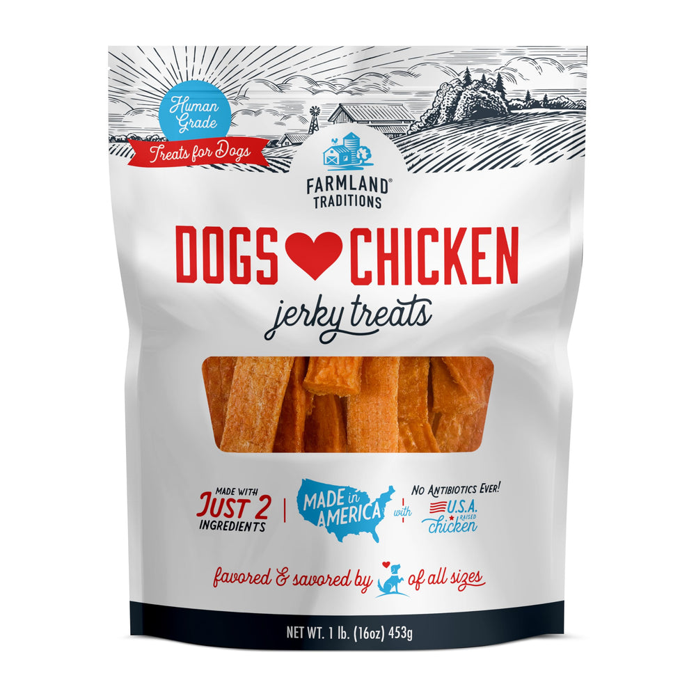 Farmland Traditions viande séchée de poulet premium pour chien, texture tendre et saveur riche.