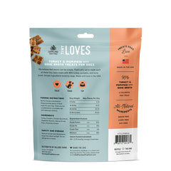Friandises Tiny Loves Jerky Trainer en bouchées dinde-citrouille pour récompense.