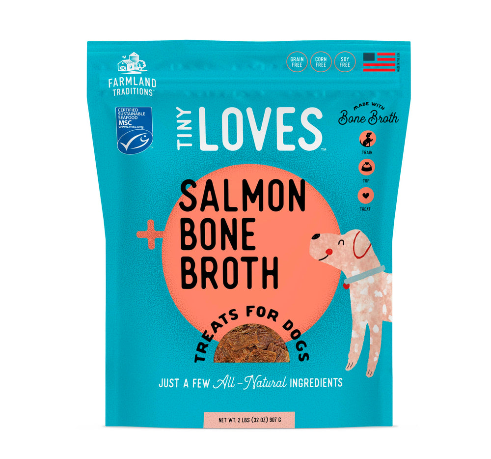 Farmland Traditions Tiny Loves Jerky Trainer saumon bouillon d'os, friandise d'entraînement savoureuse.
