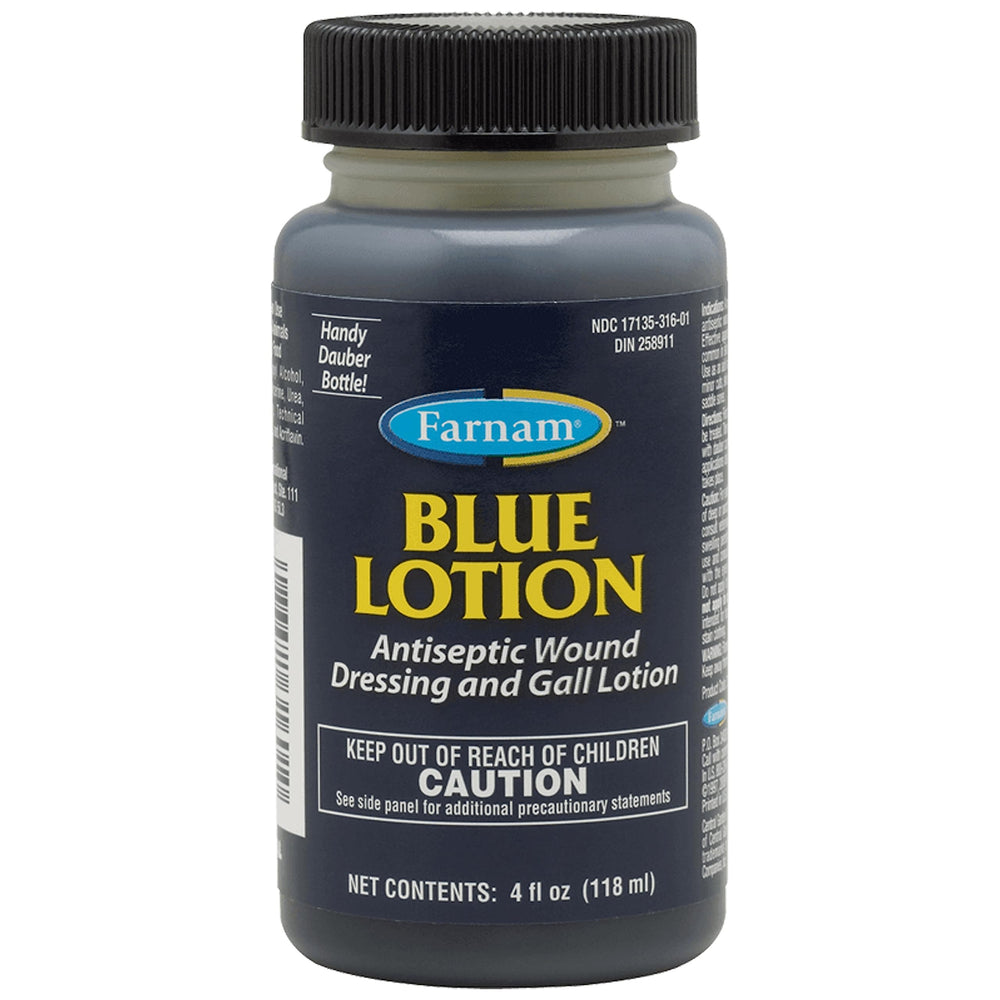 Farnam Blue Lotion, bouteille avec dauber, application précise sur les lésions.