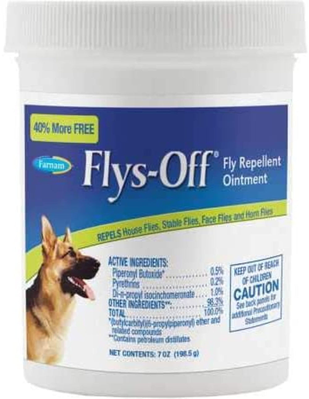 Pommade Farnam Flys Off, pot visible, repousse les mouches autour des plaies chiens et chevaux