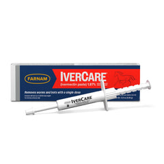 Etiquette Farnam IverCare sur emballage, dosage clair.