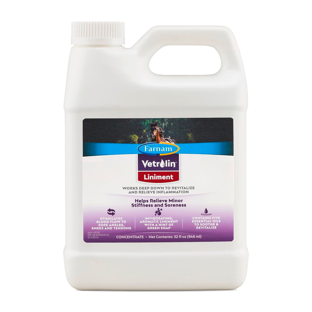 Vetrolin Farnam, flacon liniment cheval, confort musculaire après l’effort.