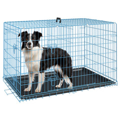 FDW cage chien 36 pouces bleue vue frontale, idéale pour le transport et le repos.
