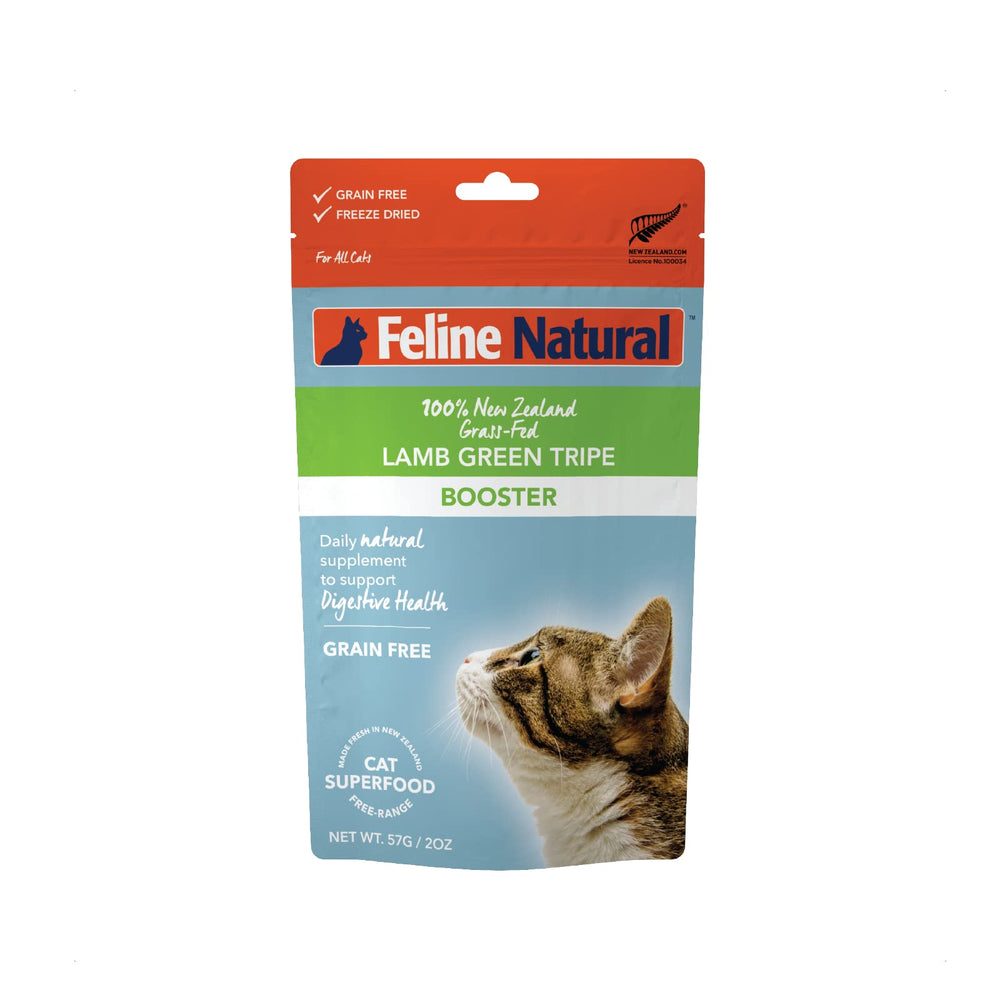 Feline Natural booster-tripes-vertes-agneau sur emballage, qualité premium.