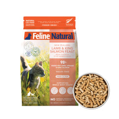 Feline Natural haute-protéine chat – croquettes sèches d'agneau et saumon, protéines complètes.