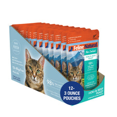 Feline Natural pâté chat hoki-boeuf en sachet, repas pratique et riche en protéines.