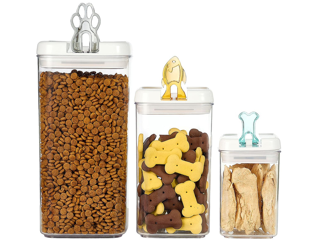 Contenants empilables Felli Flip Tite pour un rangement efficace des aliments pour animaux.