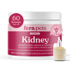 Flacon de poudre Fera Pets pour soutien rénal du chat, pratique à ajouter à l’alimentation.