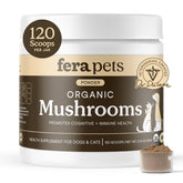 Fera Pets flacon poudre champignons – soutien immunitaire potentiel pour chiens et chats.