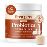 Fera Pets Probiotics: bouteille de poudre naturelle prête à l’emploi, pour digestion et énergie.