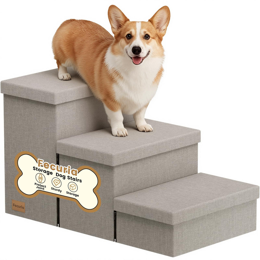 Fecuria escalier chien 3 marches avec rangement caché, pratique pour garder jouets organisés.