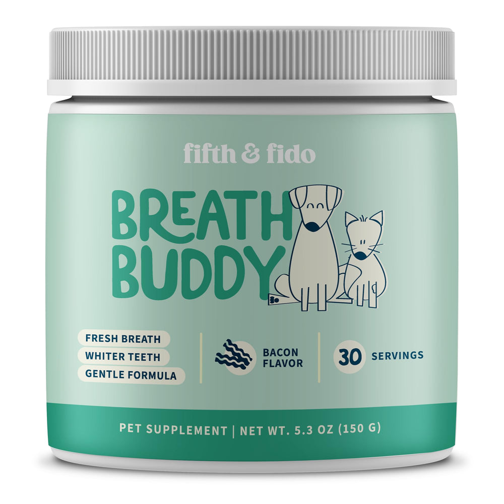 Breath Buddy Fifth & Fido, poudre dentaire chien, souffle frais après repas.