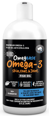 Finest For Pets Omegease — bouteille poisson pur, soutien potentiel pour peau et pelage.