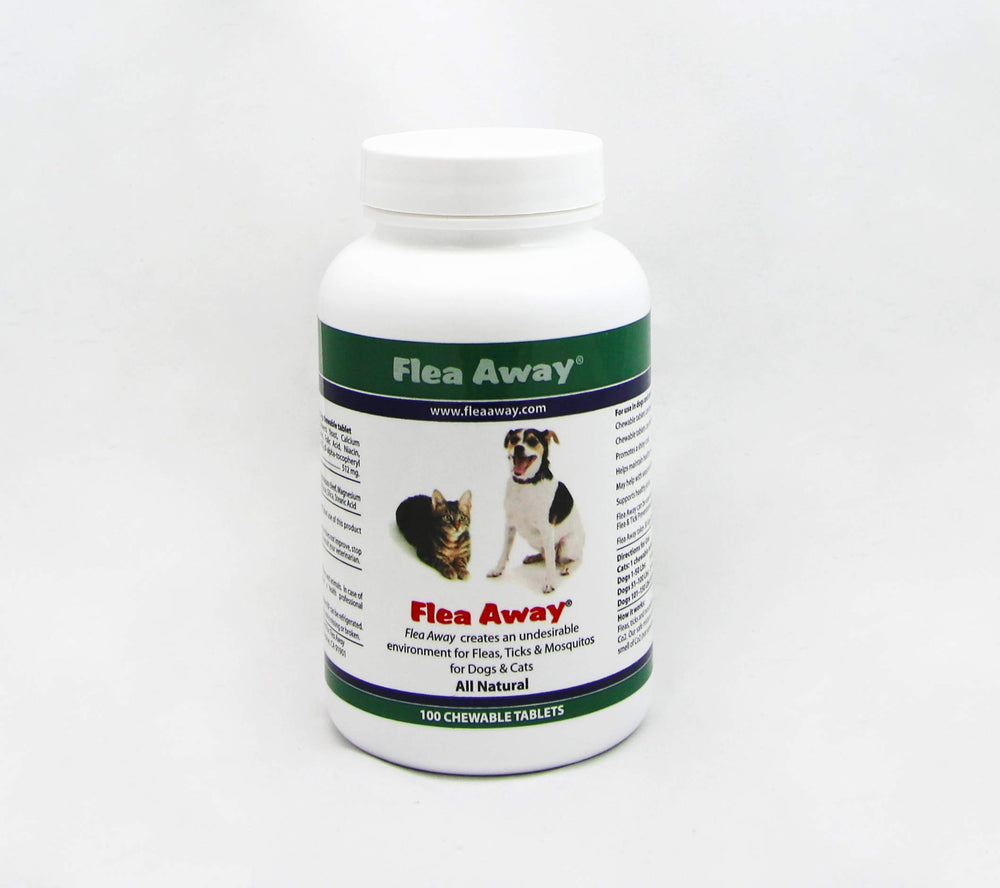 Flea Away conditionnement et comprimés, pratique pour l'utilisation quotidienne sur chiens et chats.