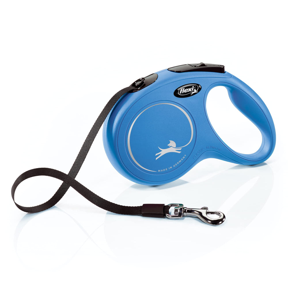 Laisse FLEXI New Classic, poignee ergonomique bleue, prise en main confortable pour promenades.