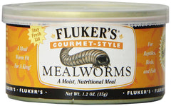 Fluker's Gourmet Mealworms en conserve, boîte refermable pratique pour reptiles et poissons.