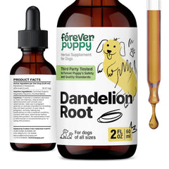Forever Puppy Dandelion Root Drops sur flacon, soutien hépatique potentiel pour chien.