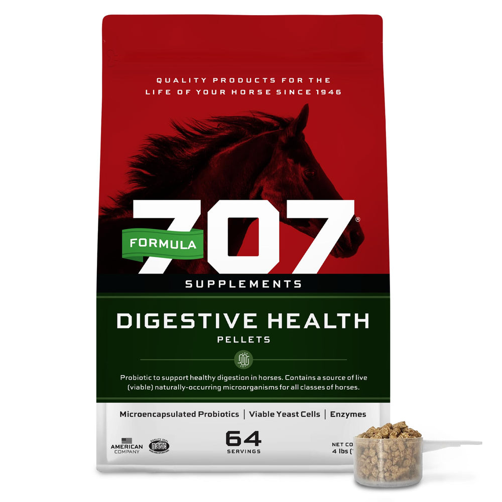 Formula 707, pellets digestifs, faciles à intégrer à la ration quotidienne du cheval.