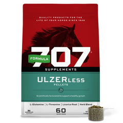 Flacon Formula 707 ULZERless sur étagère, confort estomac naturel pour cheval.