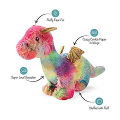Peluche Fringe Studio dragon arc-en-ciel, parfaite pour les sessions de jeu grâce au papier crissant.