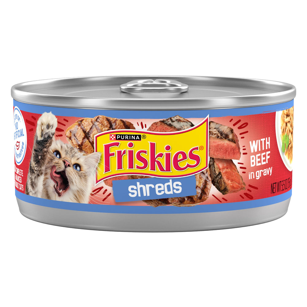Friskies boeuf emince dans sauce, texture tendre appréciée par les chats.
