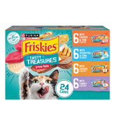 Emballage Friskies Tasty Treasures, pack de 24 boîtes, variété pratique pour les repas.
