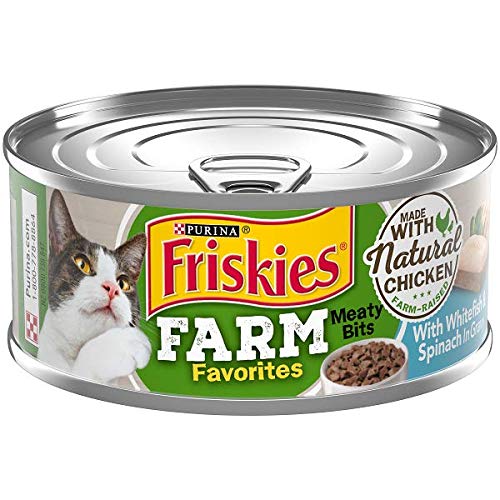 Friskies Favoris de Ferme : poulet et poisson blanc dans une sauce savoureuse, repas complet pour chats adultes.