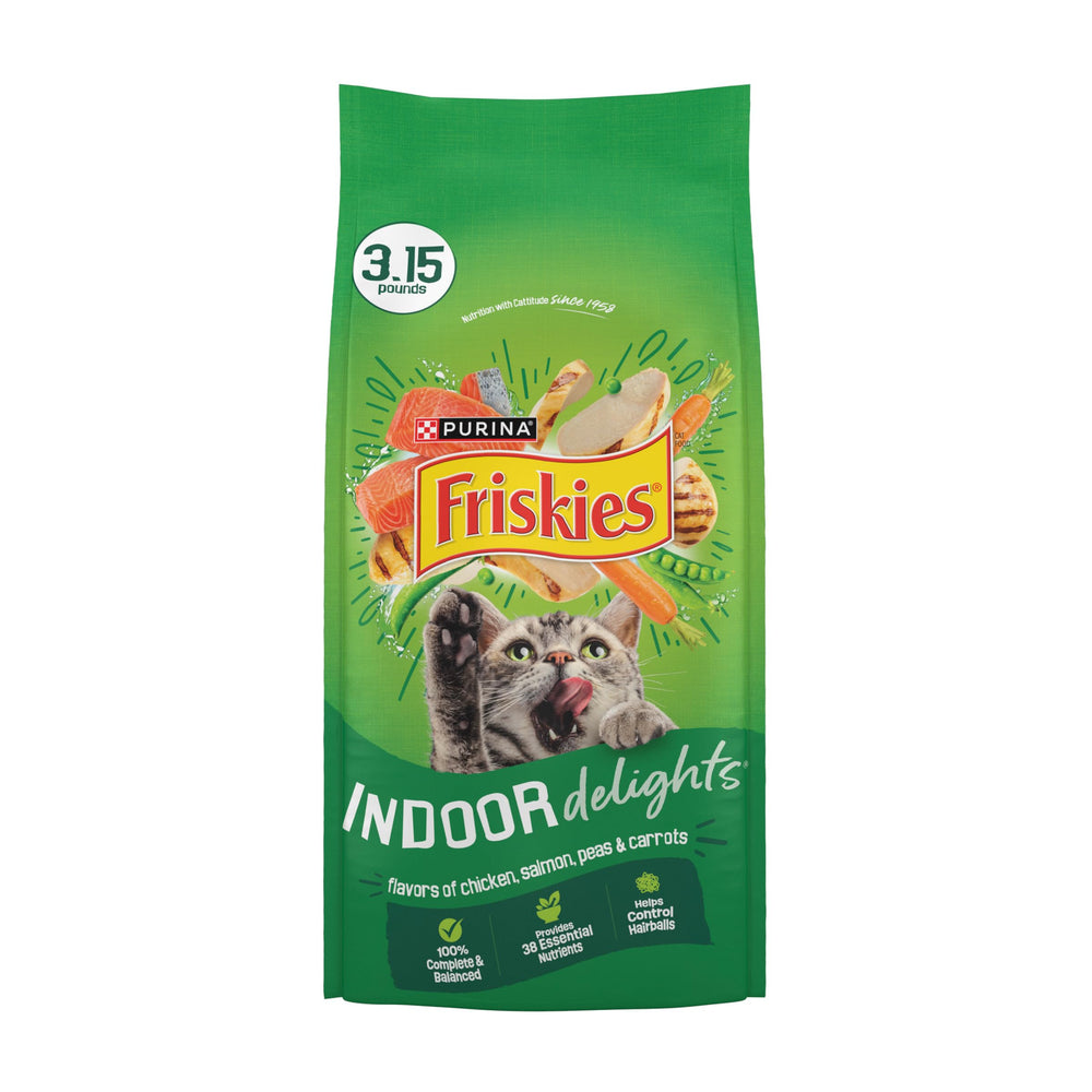Friskies Indoor Delights pack 4 sacs 1,43 kg – pratique pour repas quotidiens des chats.
