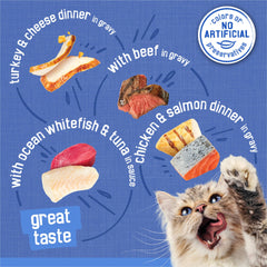 Lamelles dinde-fromage Friskies dans une sauce appétissante.