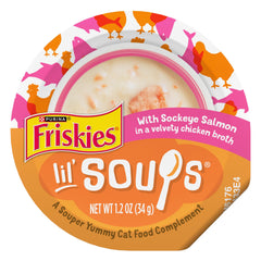 Purina Friskies Lil’ Soups saumon sockeye dans bouillon de poulet, régal pratique à servir.