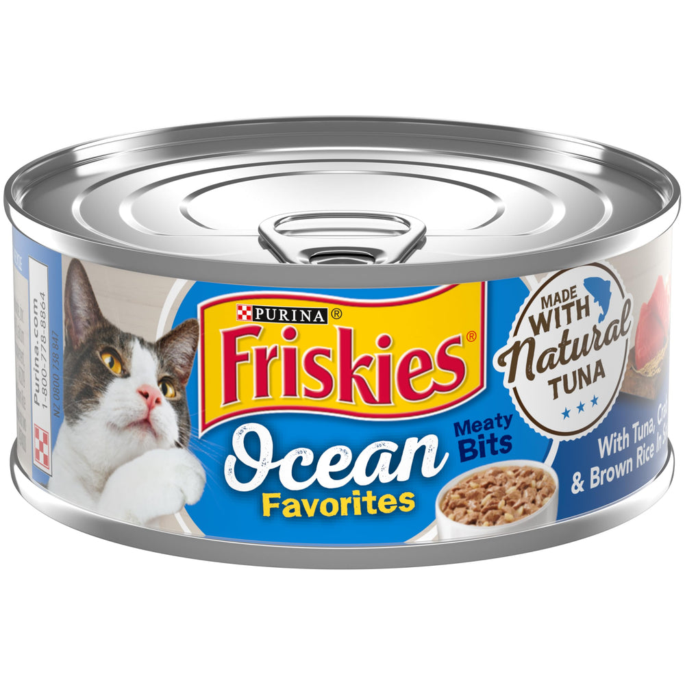 Friskies Ocean Favorites morçeaux thon-crabe-riz brun dans une boite prête à servir