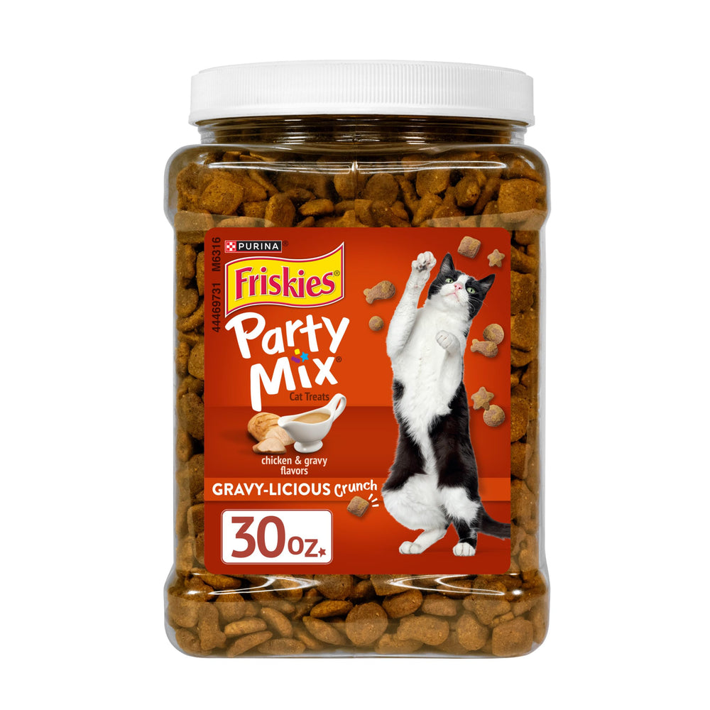Friskies Party Mix Gravy-Licious poulet croquant, bouchées savoureuses pour chats actifs