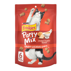 Friskies Party Mix Gravylicious au poulet – sachet, goût riche et sauce savoureuse.