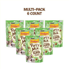 Friskies Party Mix Natural Yums, gros plan sur herbe à chat, plaisir aromatique.