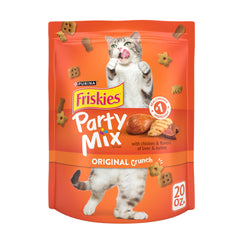 Friskies Party Mix Original Crunch poulet réel, récompense gourmande pour chat.