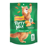 Purina Friskies Party Mix Picnic Crunch dans un sachet refermable, fraîcheur préservée.