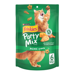 Purina Friskies Party Mix Picnic Crunch dans un sachet refermable, fraîcheur préservée.