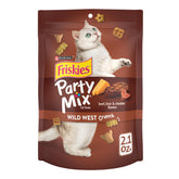 Friskies Purina Party Mix Wild West Crunch — bouchées tri-saveurs Boeuf-Foie-Cheddar, récompense savoureuse.
