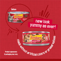 Friskies Prime Filets au bœuf en sauce, morceaux effilochés pour texture agréable.