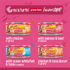 Conserve Friskies Prime Filets avec sauce savoureuse, repas facile à servir.