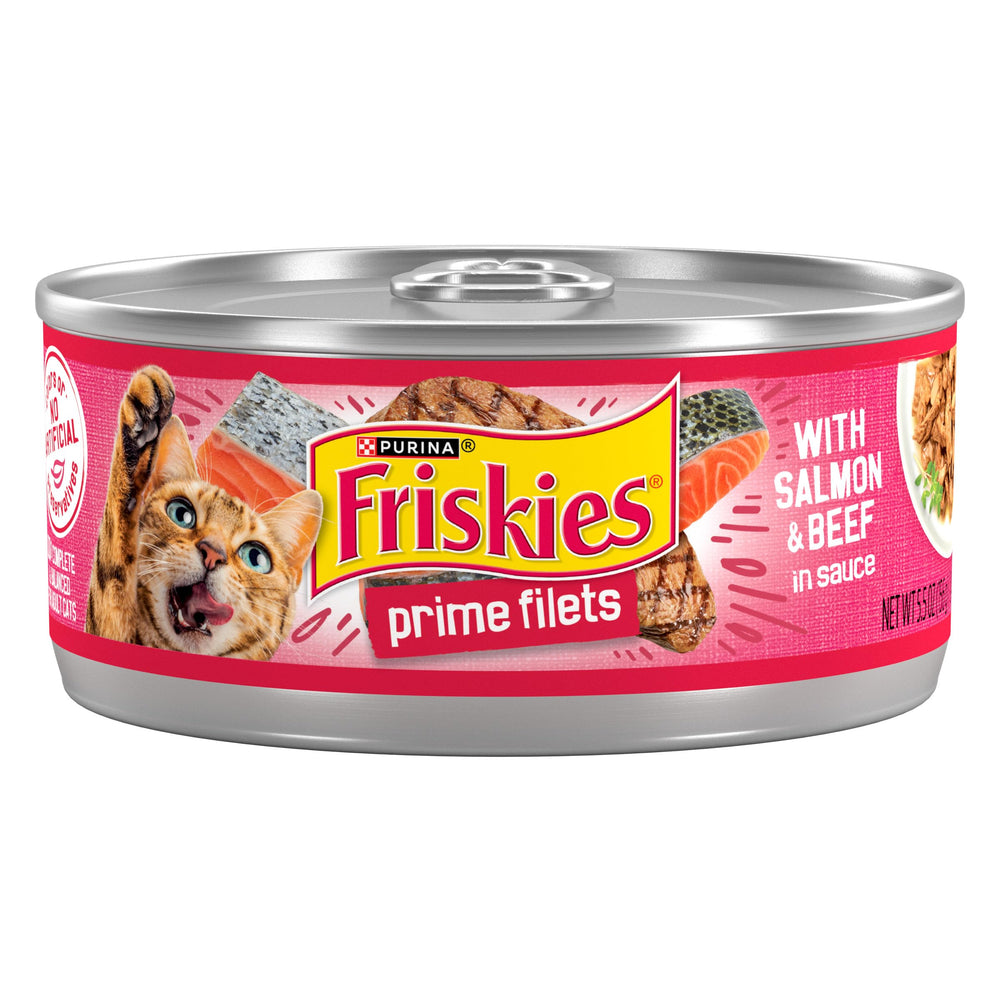 Friskies Prime Filets: boîte de 5,5 oz montrant saumon et boeuf en sauce appétissante.