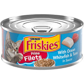 Friskies Prime Filets: thon et poisson blanc en sauce, repas riche en protéines pour chats.