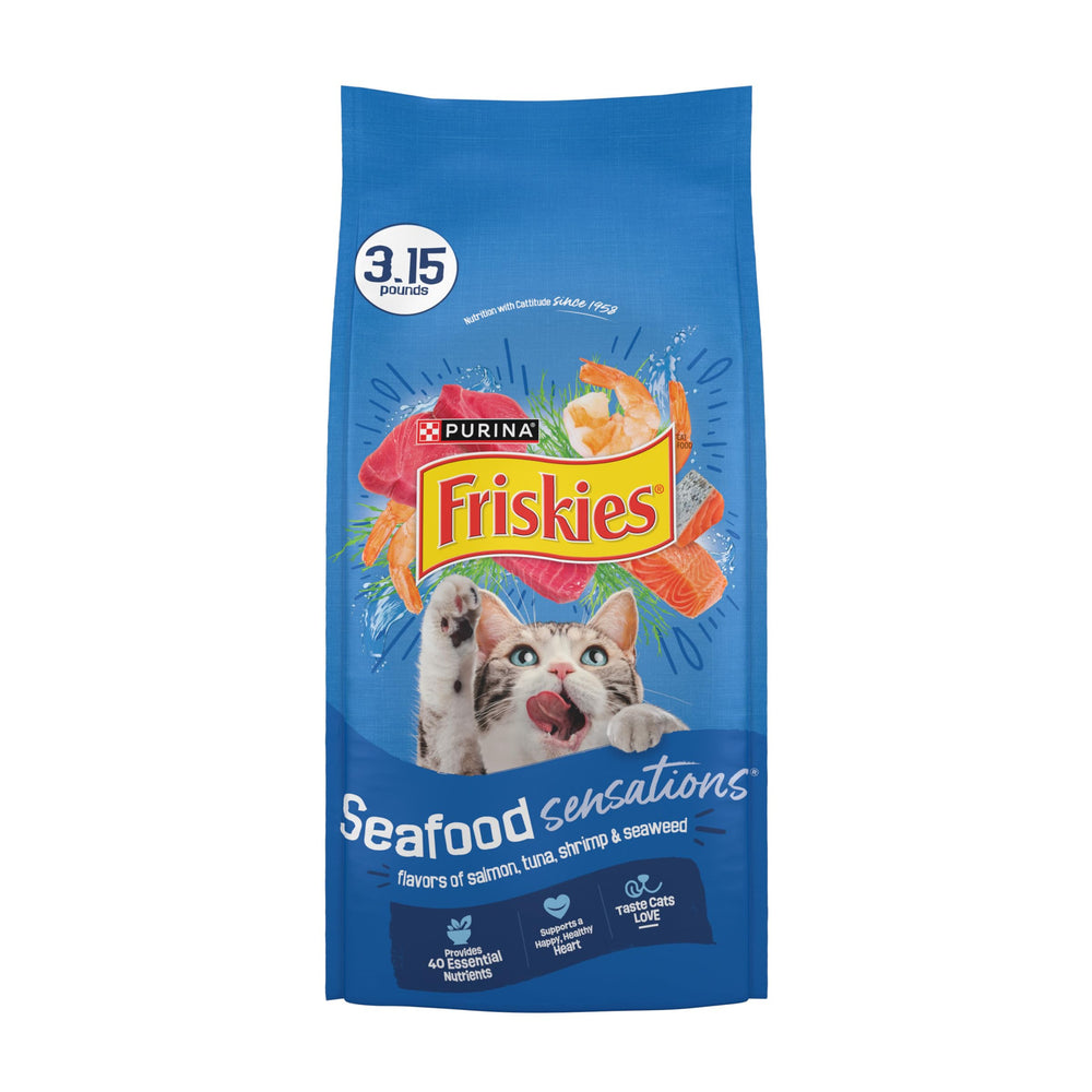 Friskies Purina croquettes au saumon, plaisir gourmand et repas équilibré pour chat actif.